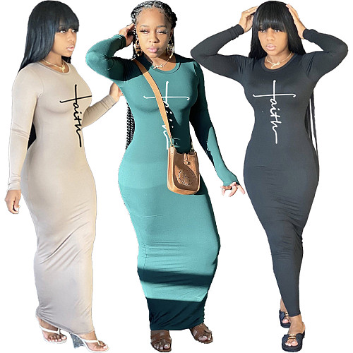 Letter Full Sleeve Skinny High Waist Maxi Dress ZAND-31183