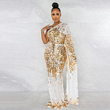 Single Shoulder Sequin Mesh High Waist Evening Dress OSS-21495