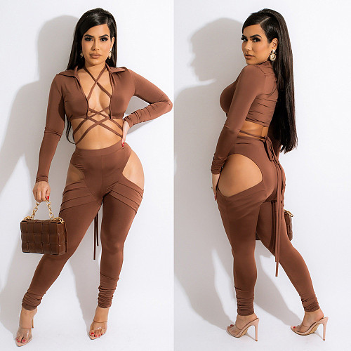 Long Sleeve Bandage Crop Top Hollow Out Pants Set BN-9317