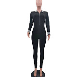 Plaid Patchwork Long Sleeve Zipper Skinny Jumpsuit TK-6199
