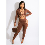 Long Sleeve Bandage Crop Top Hollow Out Pants Set BN-9317