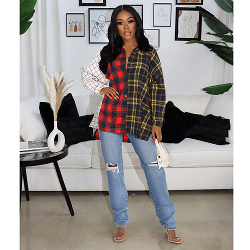 Plaid Patchwork Long Sleeve Blouse Shirts ASL-6533