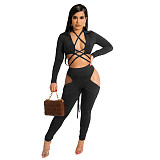 Long Sleeve Bandage Crop Top Hollow Out Pants Set BN-9317