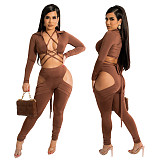 Long Sleeve Bandage Crop Top Hollow Out Pants Set BN-9317