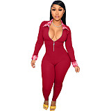 Plaid Patchwork Long Sleeve Zipper Skinny Jumpsuit TK-6199