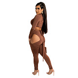 Long Sleeve Bandage Crop Top Hollow Out Pants Set BN-9317