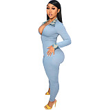 Plaid Patchwork Long Sleeve Zipper Skinny Jumpsuit TK-6199