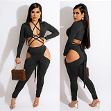 Long Sleeve Bandage Crop Top Hollow Out Pants Set BN-9317