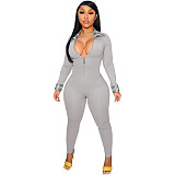 Plaid Patchwork Long Sleeve Zipper Skinny Jumpsuit TK-6199