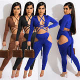 Long Sleeve Bandage Crop Top Hollow Out Pants Set BN-9317
