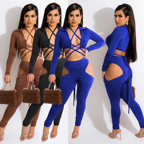 Long Sleeve Bandage Crop Top Hollow Out Pants Set BN-9317