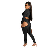 Long Sleeve Bandage Crop Top Hollow Out Pants Set BN-9317