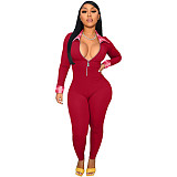 Plaid Patchwork Long Sleeve Zipper Skinny Jumpsuit TK-6199