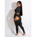 Long Sleeve Bandage Crop Top Hollow Out Pants Set BN-9317