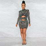 Hot Rhinestone Cut Out Long Sleeve Nightclub Dress BY-5572