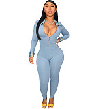 Plaid Patchwork Long Sleeve Zipper Skinny Jumpsuit TK-6199