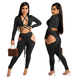 Long Sleeve Bandage Crop Top Hollow Out Pants Set BN-9317