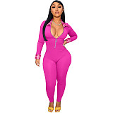 Plaid Patchwork Long Sleeve Zipper Skinny Jumpsuit TK-6199