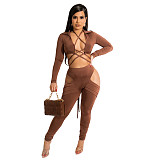 Long Sleeve Bandage Crop Top Hollow Out Pants Set BN-9317