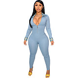 Plaid Patchwork Long Sleeve Zipper Skinny Jumpsuit TK-6199