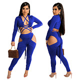 Long Sleeve Bandage Crop Top Hollow Out Pants Set BN-9317