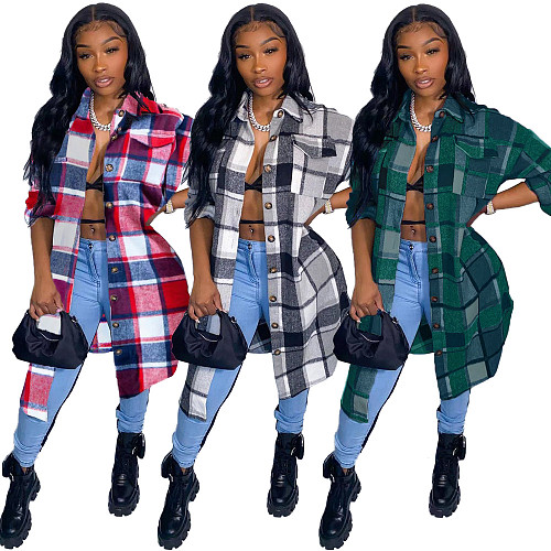 Classic Plaid Shirt Woolen Long Coat XY-9120