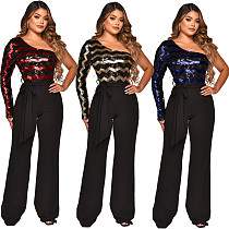 Sequins One Shoulder Long Sleeve Wide Leg Jumpsuit OSM-3331