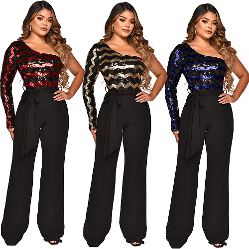 Sequins One Shoulder Long Sleeve Wide Leg Jumpsuit OSM-3331