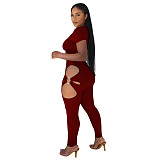 Hollow Out Short Sleeve Crop Top Pants Outfits YF-10064