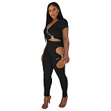Hollow Out Short Sleeve Crop Top Pants Outfits YF-10064