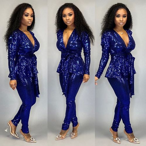 Deep V-Neck Bronzing Sashes Top and Pencil Pants Set LSL-6332