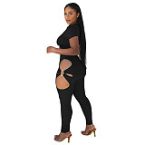 Hollow Out Short Sleeve Crop Top Pants Outfits YF-10064