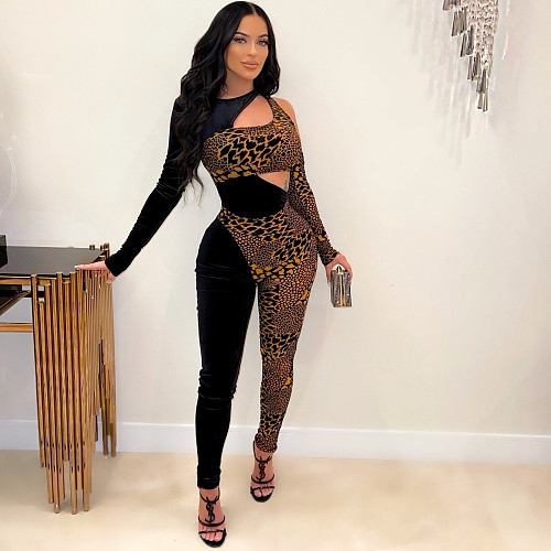 Leopard Print Patchwork Hollow Out Bodycon Jumpsuit OSM-3333