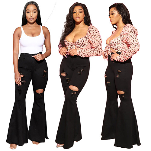 All-match Ripped Hole Denim Stretch Flared Pants HSF-2364