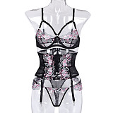 Black Embroidery 3pcs Push-up Bra Strappy Lingerie Sets SHFE-W560