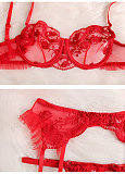 Red Lace 3pcs Plunge Bra Strappy Lingerie Sets SHFE-W561