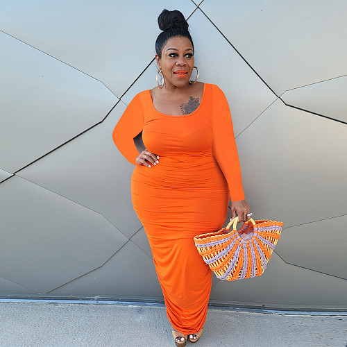 Plus Size Long Sleeve Pleated Bodycon Maxi Dress HEJ-21S6077