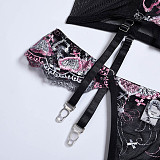 Black Embroidery 3pcs Push-up Bra Strappy Lingerie Sets SHFE-W560