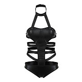 Black Faux Leather Hollow Out Bodysuit Teddy SHFE-8132