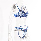 Blue Lace Strap Plunge Bra & Thong Lingerie Set SHFE-W514-1