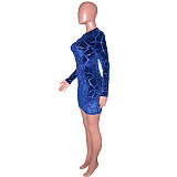 Flocking Zipper Long Sleeve Slim Fit Bodycon Dress SH-390161