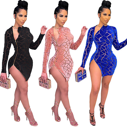 Flocking Zipper Long Sleeve Slim Fit Bodycon Dress SH-390161