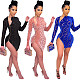 Flocking Zipper Long Sleeve Slim Fit Bodycon Dress SH-390161