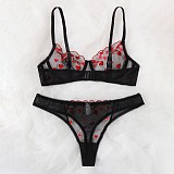 Black Mesh Embroidered Bra and Panty Set SHFE-W537