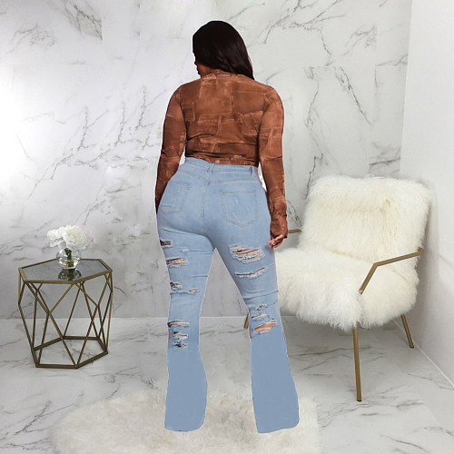 Versatile Ripped Stretch Slim Fit Flared Jean Pants HSF-2532