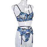 Blue Embroidery 3pcs Bralette Set with Garter Belt SHFE-W521