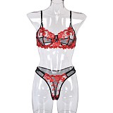 Red Floral Embroidery Mesh Bra and Panty Set SHFE-W539