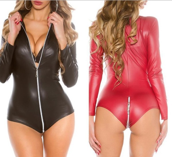 Faux Leather Zip Long Sleeve One Piece Lingerie SHFE-8071