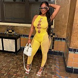 Sheer Mesh Patchwork Sleeveless Cut Out Jumpsuit NIK-269