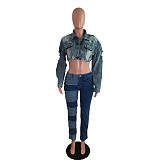 Frayed Ripped Hole Denim Bombers Jacket LX-3526